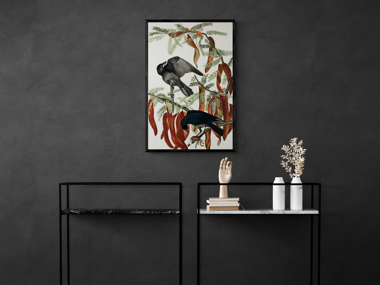 Vintage naturalistic bird illustrations: Fish Crow. Prints on art paper, canvas, and framed canvas. Free shipping in the USA. SKUJJA046