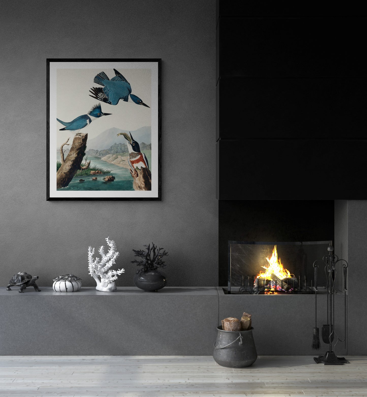 Vintage naturalistic bird illustrations: Belted Kingfisher. Prints on art paper, canvas, and framed canvas. Free shipping in the USA. SKUJJA016