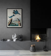 Vintage naturalistic bird illustrations: Belted Kingfisher. Prints on art paper, canvas, and framed canvas. Free shipping in the USA. SKUJJA016