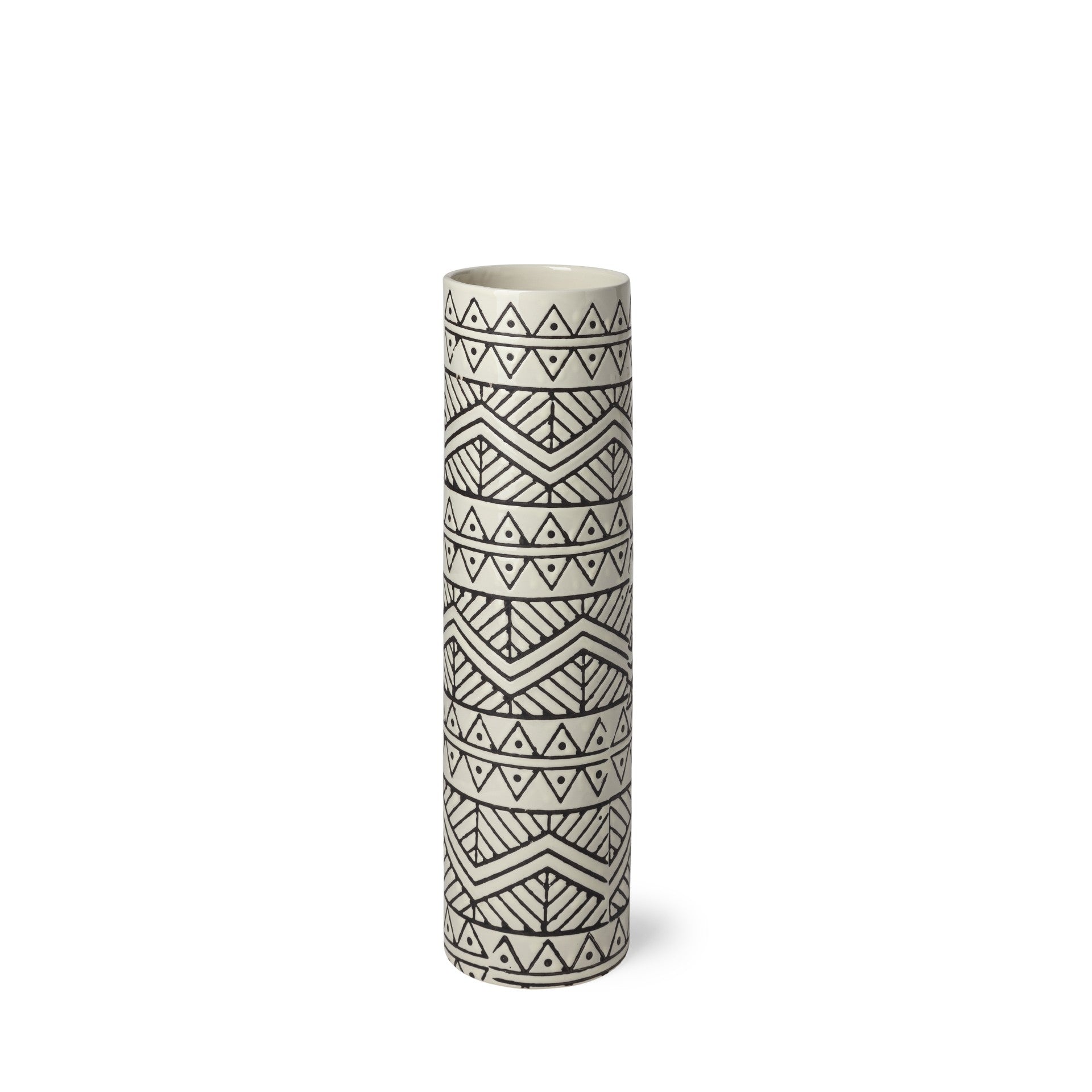 14" Black and Cream Tribal Geo Ceramic Vase-0
