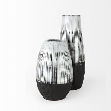 13" Black White and Gray Patterned Lines Ceramic Vase-2