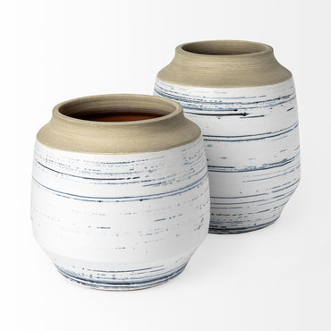 10" Blue White and Sand Coastal Ceramic Vase-2