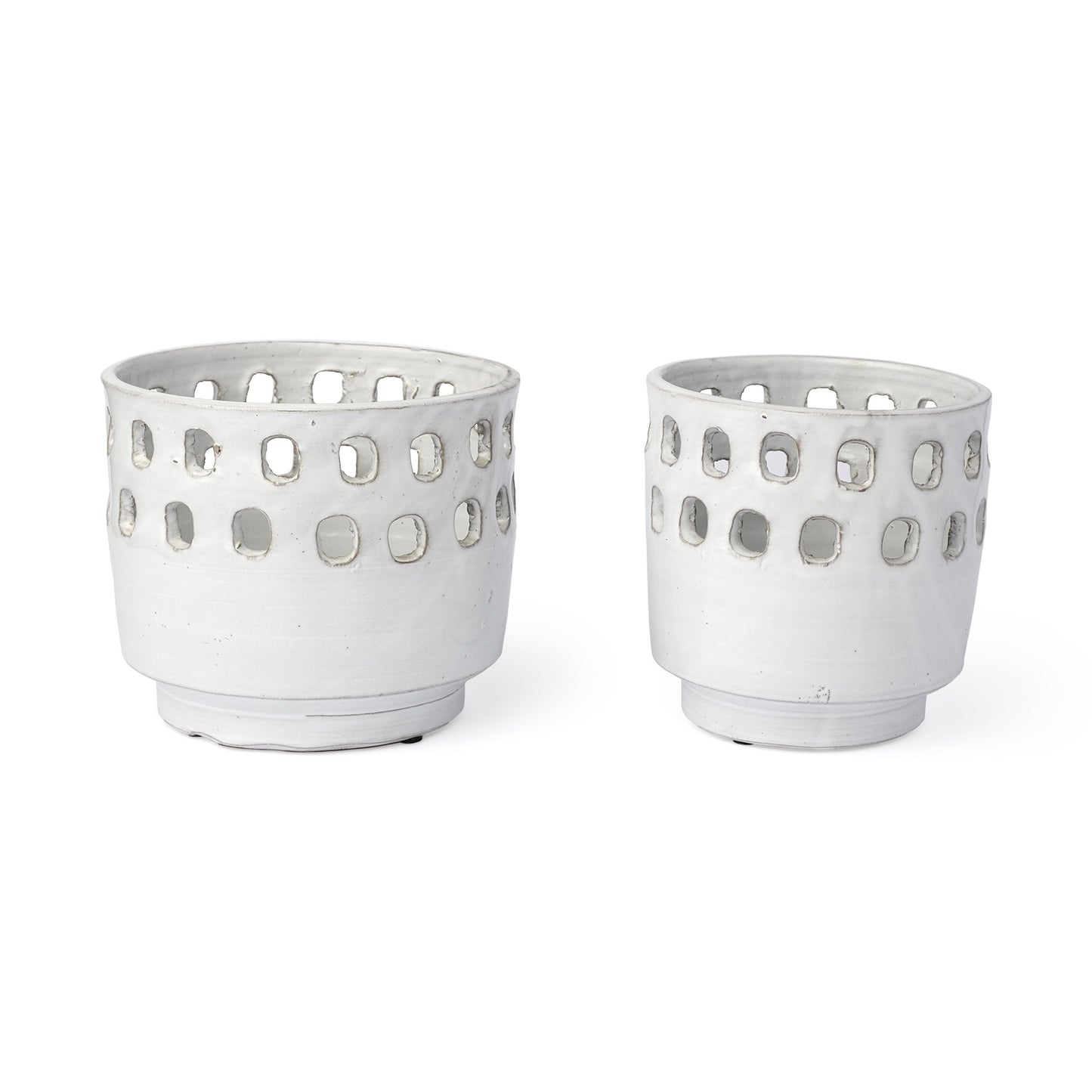 Set of Two White Ceramic Vases with Hollow Details-0