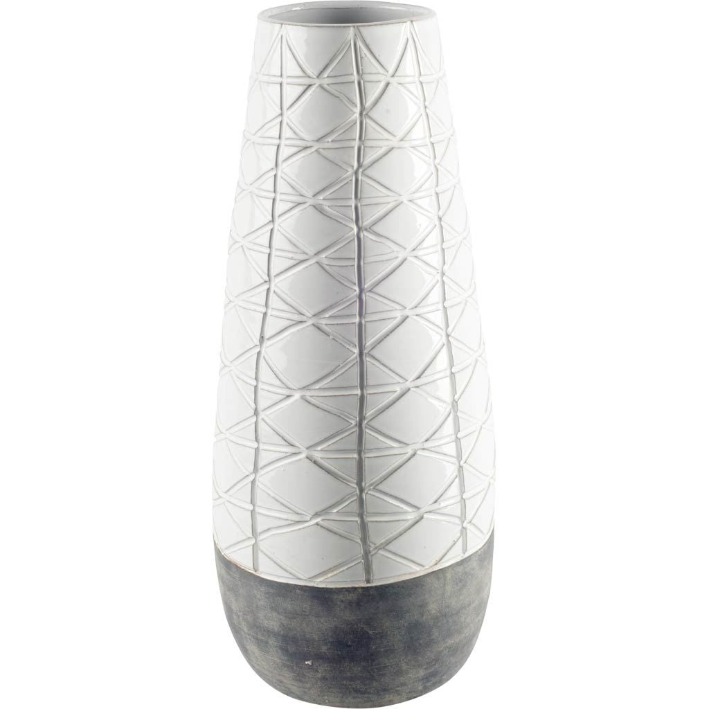 Textured White over Dark Clay Carved Ceramic Vase-0