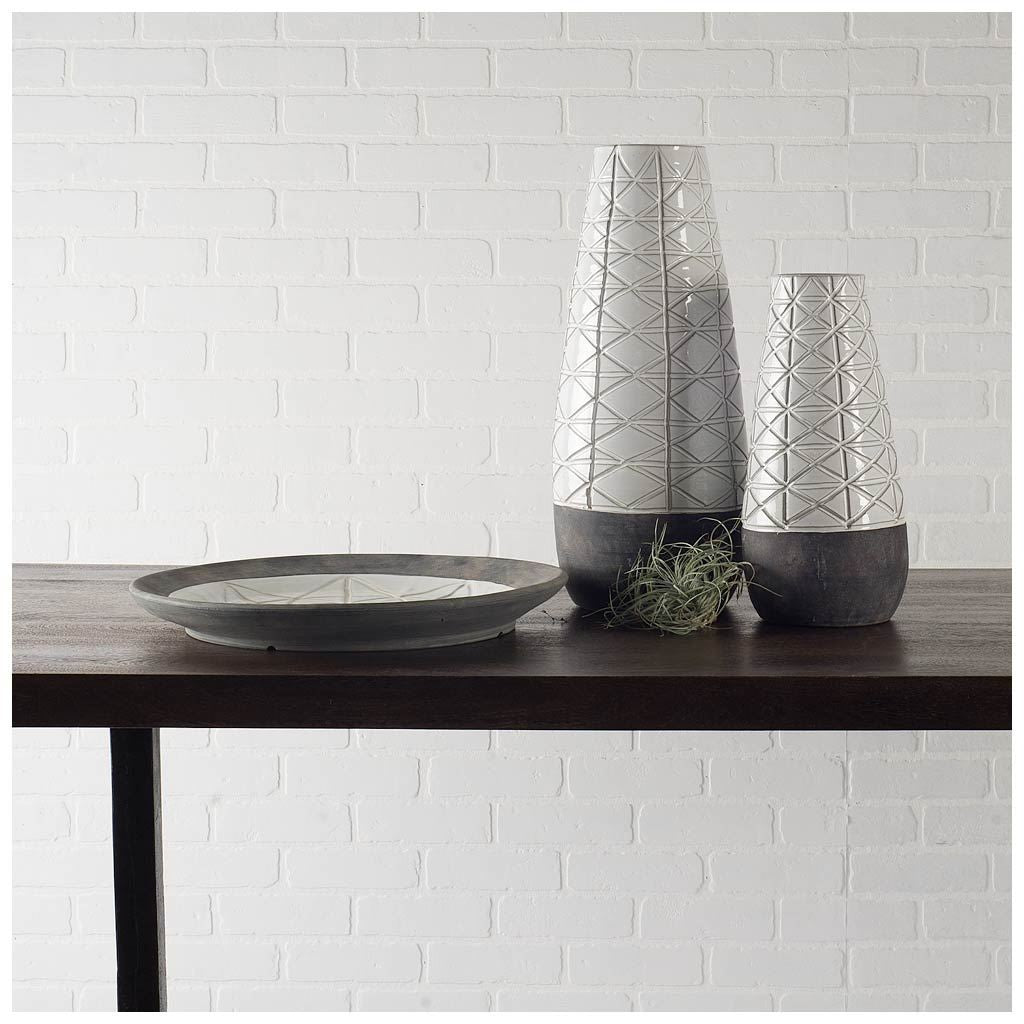 Textured White over Dark Clay Carved Ceramic Vase-2