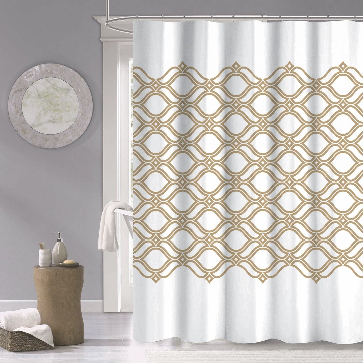 Gold and White Printed Lattice Shower Curtain-0