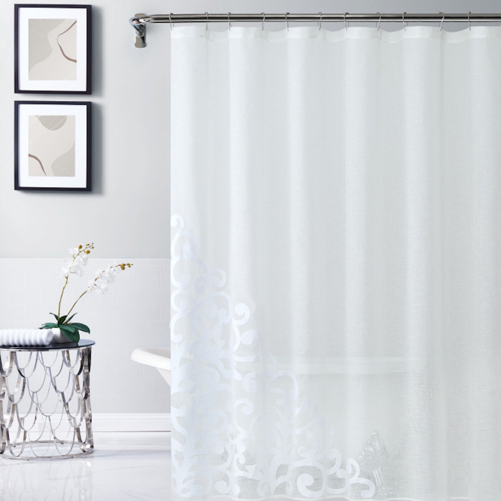 White Contemporary Velvet Scroll Shower Curtain-0