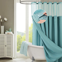 Teal Sheer and Grid Shower Curtain and Liner Set-0