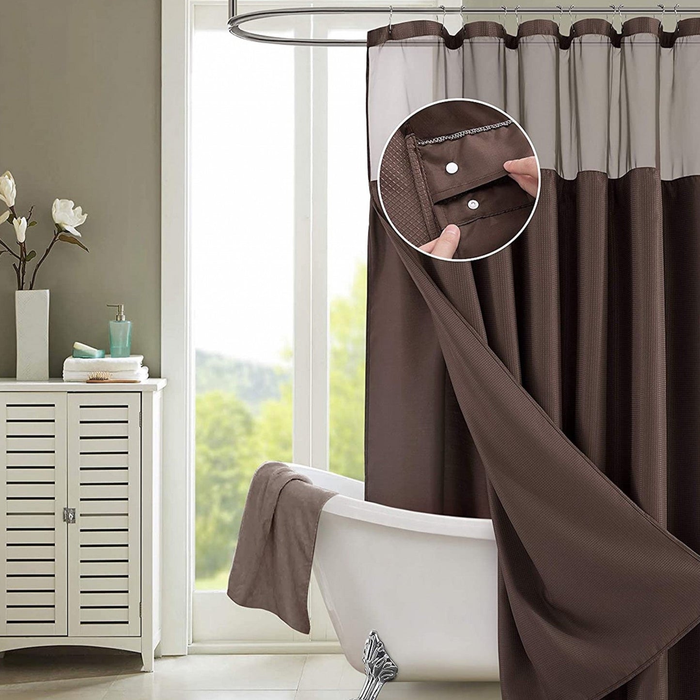 Brown Modern Grid Shower Curtain and Liner Set-0