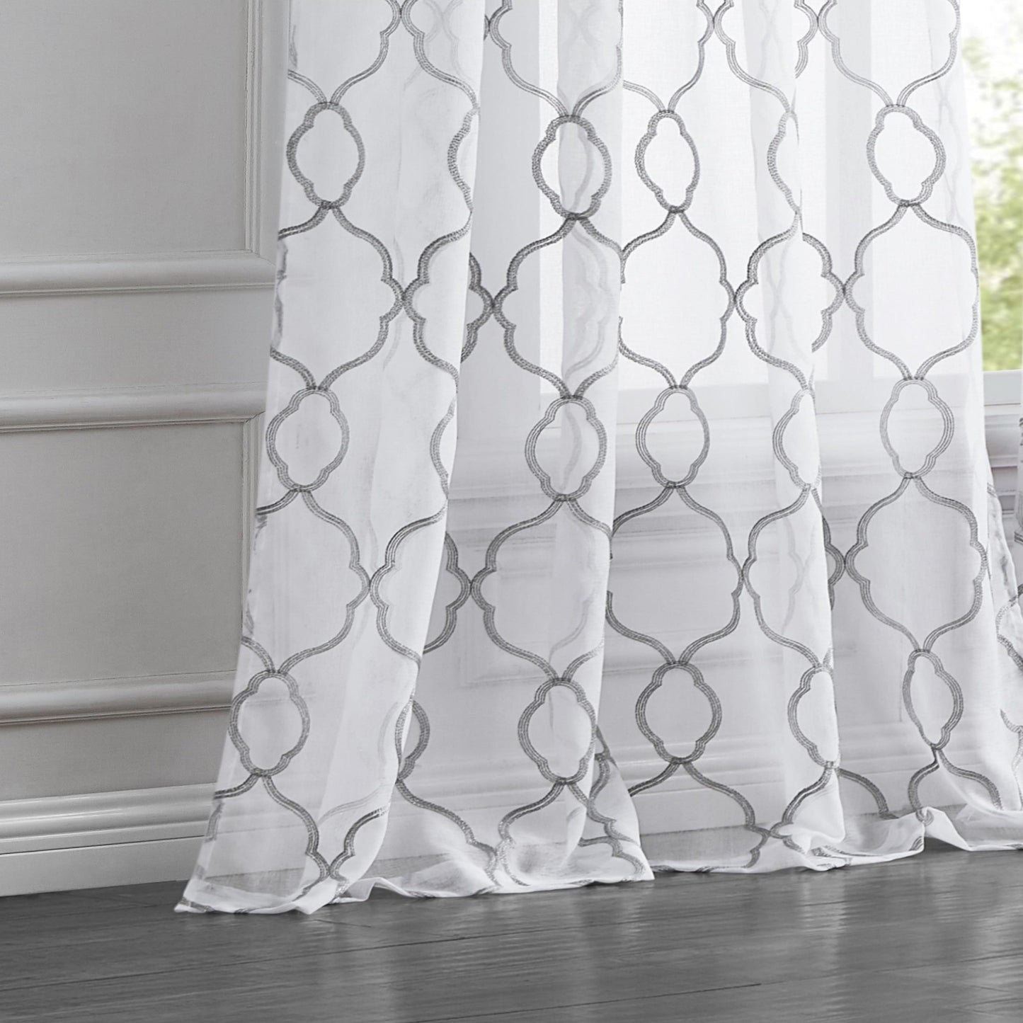 84” Silver Trellis Pattern Embroidered Window Curtain Panel-2
